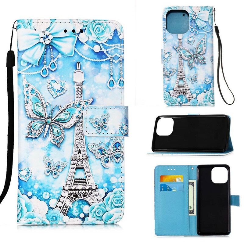 Fliptok / Bőrtok iPhone 13 Mini szíjjal Eiffel-torony Pillangószíj