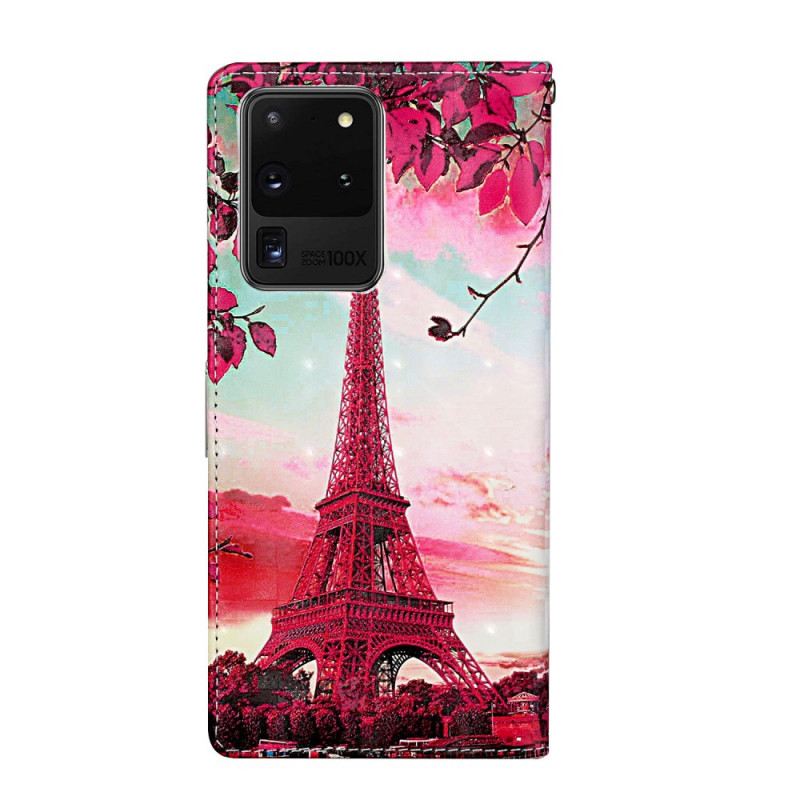 Fliptok / Bőrtok Samsung Galaxy S20 Ultra szíjjal Eiffel-torony Állítható Pánt