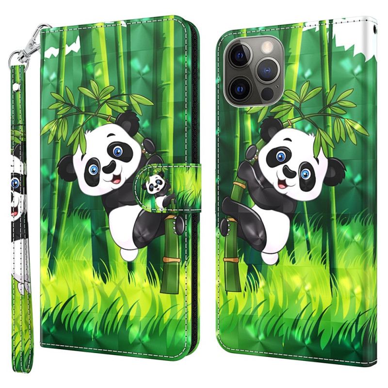 Fliptok / Bőrtok iPhone 15 Pro Max szíjjal 3d Bambusz Panda Szíjjal