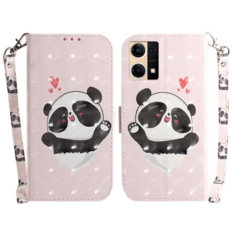 Fliptok / Bőrtok Oppo Reno 7 szíjjal Panda Love With Lanyard