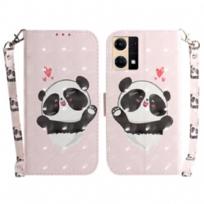 Fliptok / Bőrtok Oppo Reno 7 szíjjal Panda Love With Lanyard