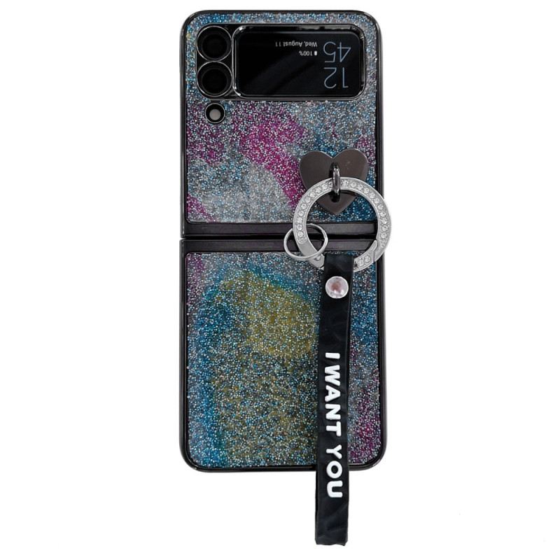 Fliptok Samsung Galaxy Z Flip 3 5G Bőrtok Flitterek Charms És Lanyard