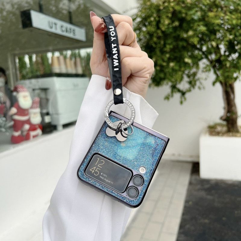 Fliptok Samsung Galaxy Z Flip 3 5G Bőrtok Flitterek Charms És Lanyard