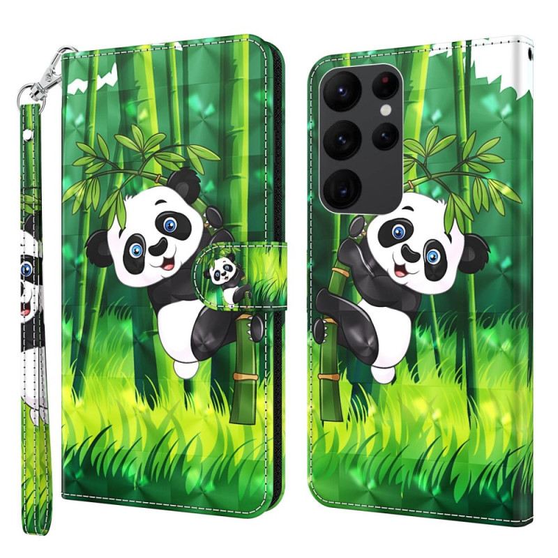 Fliptok / Bőrtok Samsung Galaxy S23 Ultra 5G szíjjal Bambusz Panda Nyakpánttal