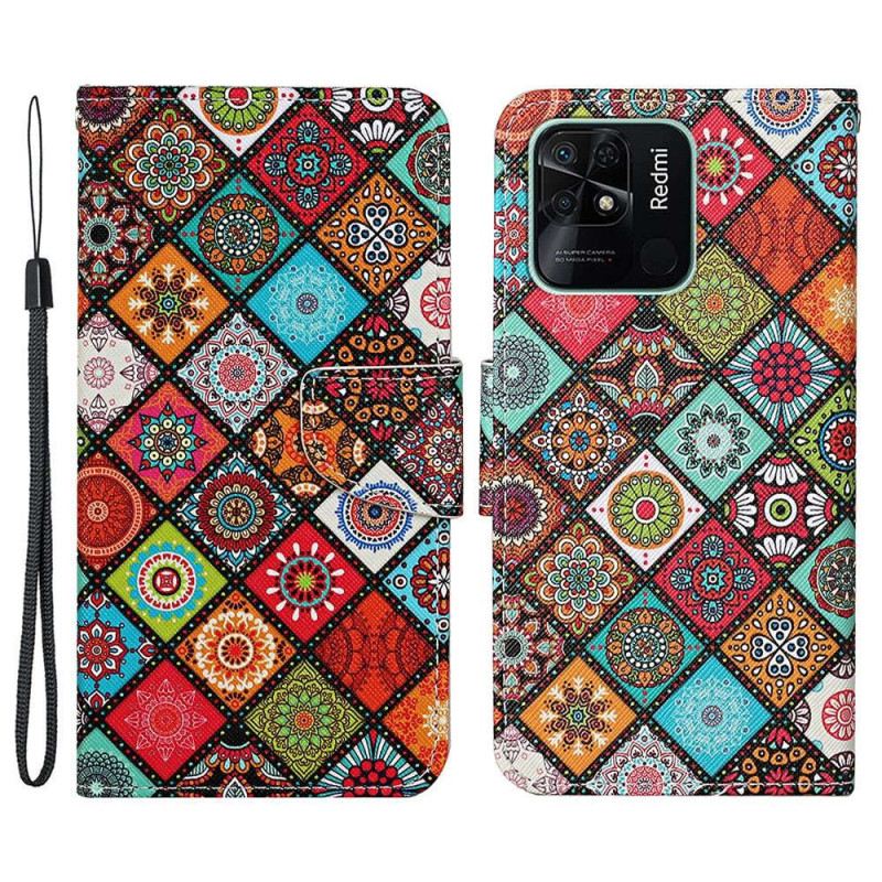 Fliptok / Bőrtok Xiaomi Redmi 10C szíjjal Strappy Patchwork