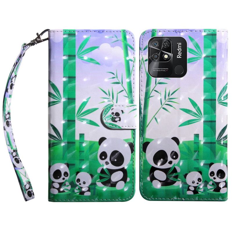 Fliptok Xiaomi Redmi 10C szíjjal Lanyard Panda Család