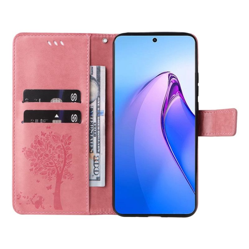 Fliptok / Bőrtok Oppo Reno 8 Pro szíjjal Fa És Pántos Macska