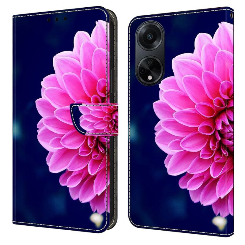 Bőrtok Oppo A98 5g Rózsaszín Virágok Kék Alapon