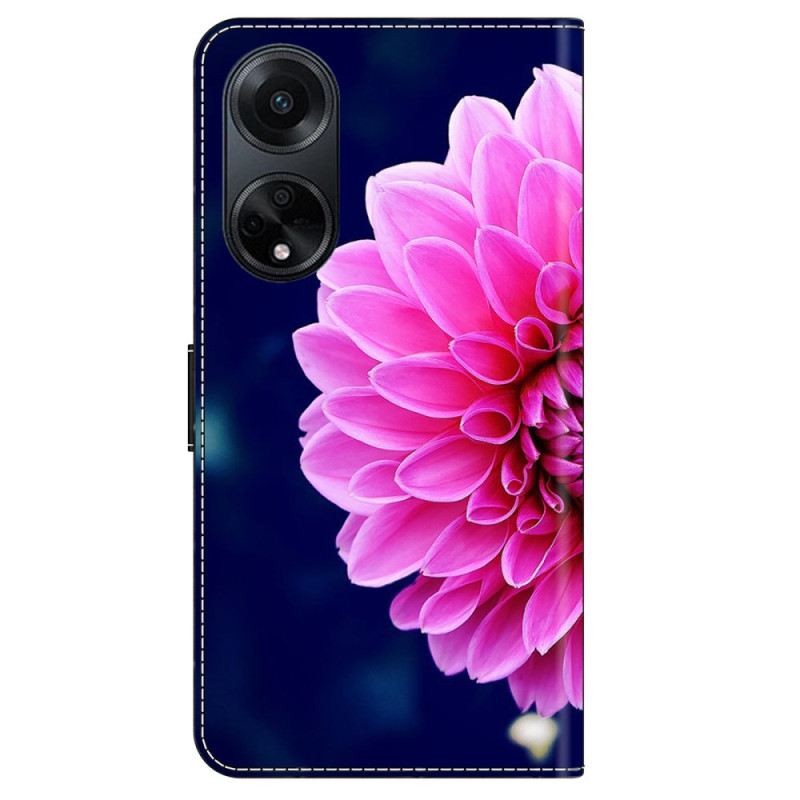 Bőrtok Oppo A98 5g Rózsaszín Virágok Kék Alapon