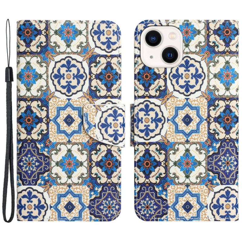 Fliptok / Bőrtok iPhone 15 szíjjal Kék Patchwork Szíjjal