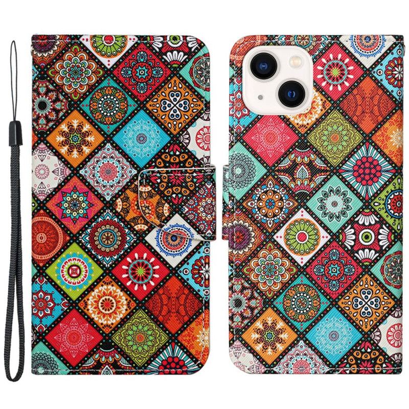 Kinyitható Tokok iPhone 15 szíjjal Szép Patchwork Szíjjal