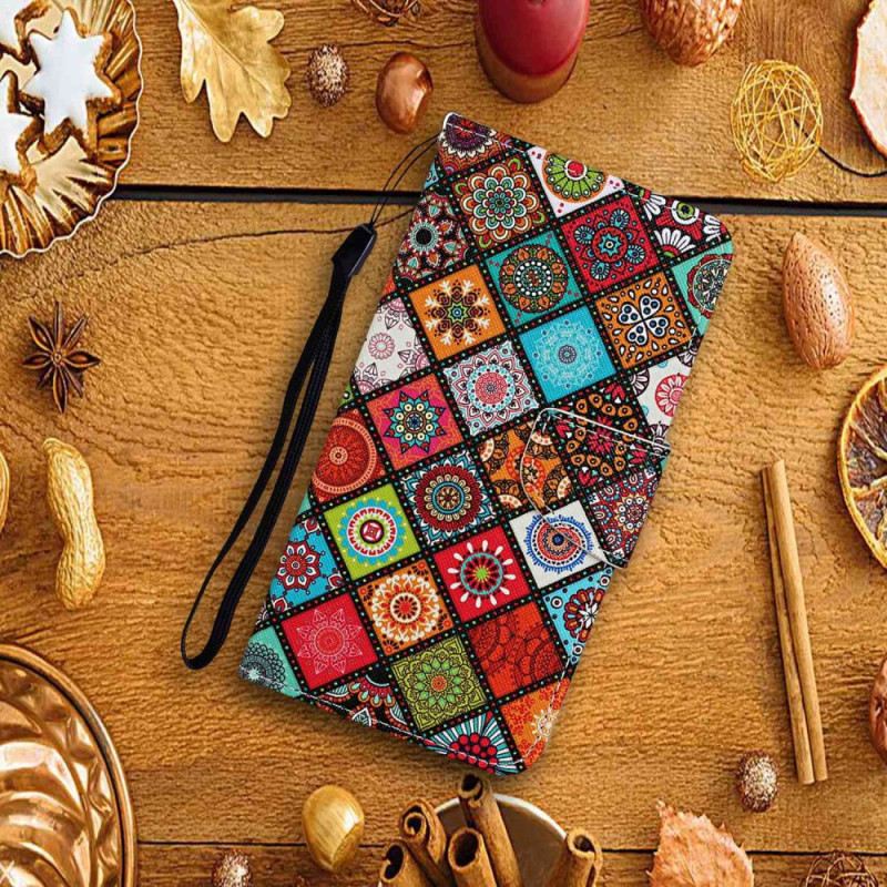 Kinyitható Tokok iPhone 15 szíjjal Szép Patchwork Szíjjal