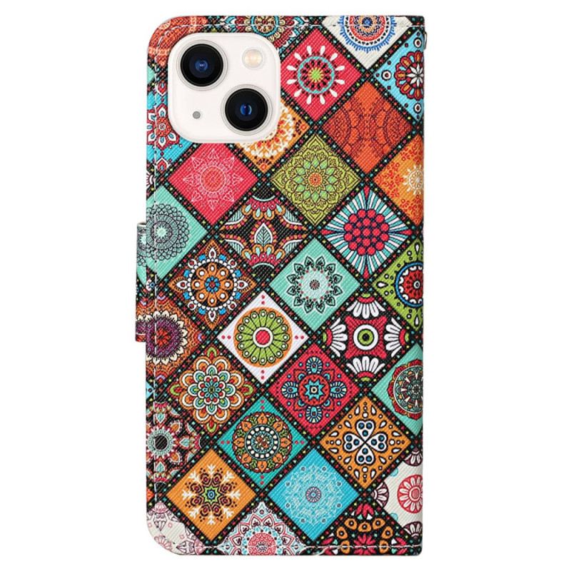 Kinyitható Tokok iPhone 15 szíjjal Szép Patchwork Szíjjal