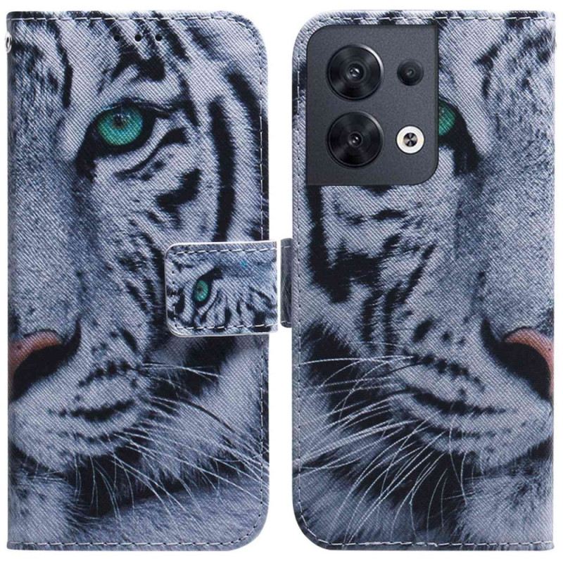 Fliptok / Bőrtok Oppo Reno 8 szíjjal Pántos Fehér Tigris