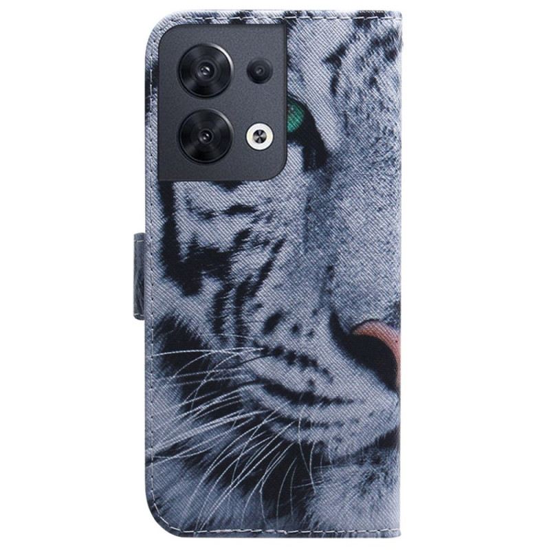 Fliptok / Bőrtok Oppo Reno 8 szíjjal Pántos Fehér Tigris