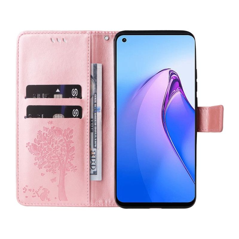 Kinyitható Tokok Oppo Reno 8 szíjjal Fa És Pántos Macska