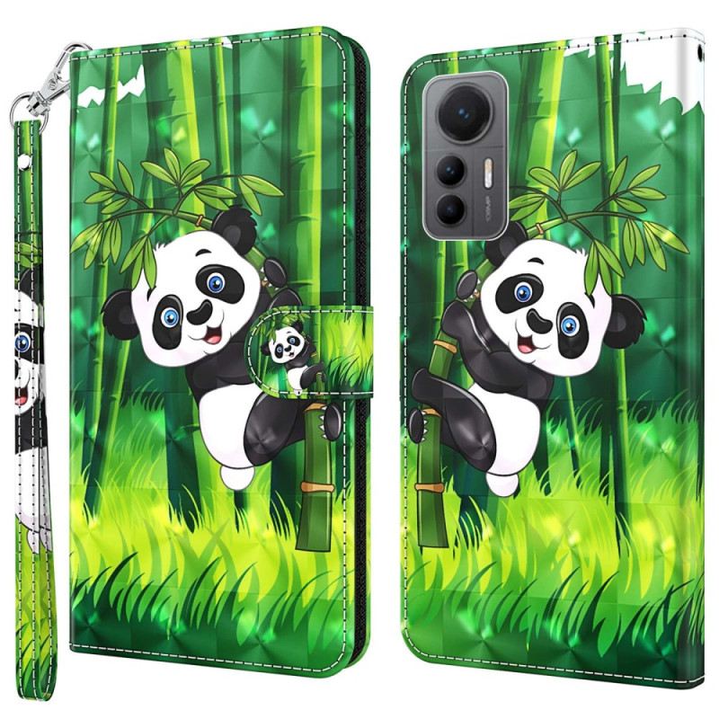 Fliptok Xiaomi 12 Lite szíjjal Bambusz Panda Nyakpánttal