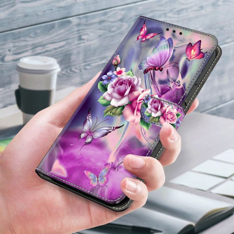 Bőrtok Samsung Galaxy A55 5g Lila Pillangók És Virágok