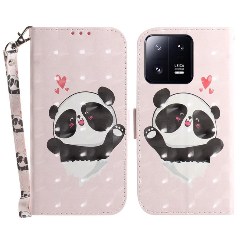 Fliptok / Bőrtok Xiaomi 13 Pro szíjjal Panda Love With Lanyard