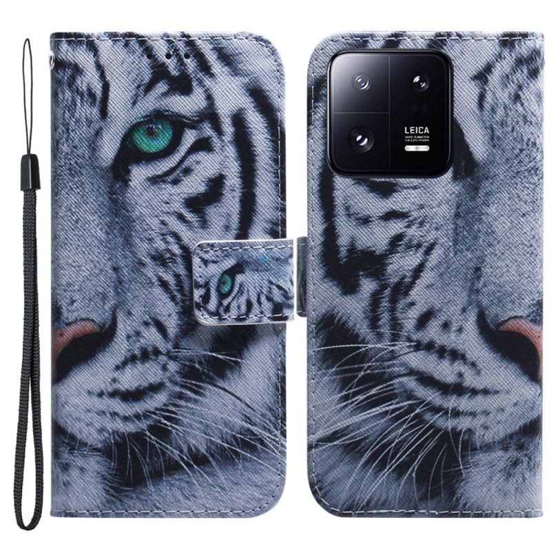 Fliptok Xiaomi 13 Pro szíjjal Pántos Fehér Tigris