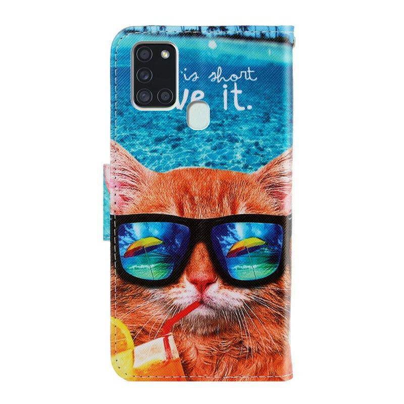 Fliptok / Bőrtok Samsung Galaxy A21s szíjjal Cat Live It Strappy