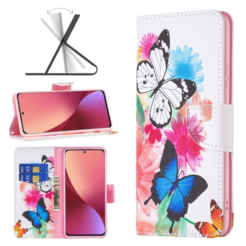 Fliptok / Bőrtok Xiaomi 12 / 12X Festett Pillangók És Virágok