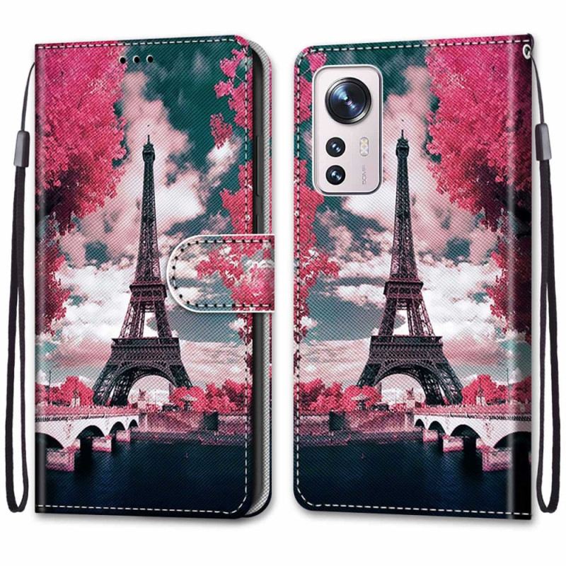 Fliptok / Bőrtok Xiaomi 12 / 12X szíjjal Eiffel-torony Szíjjal