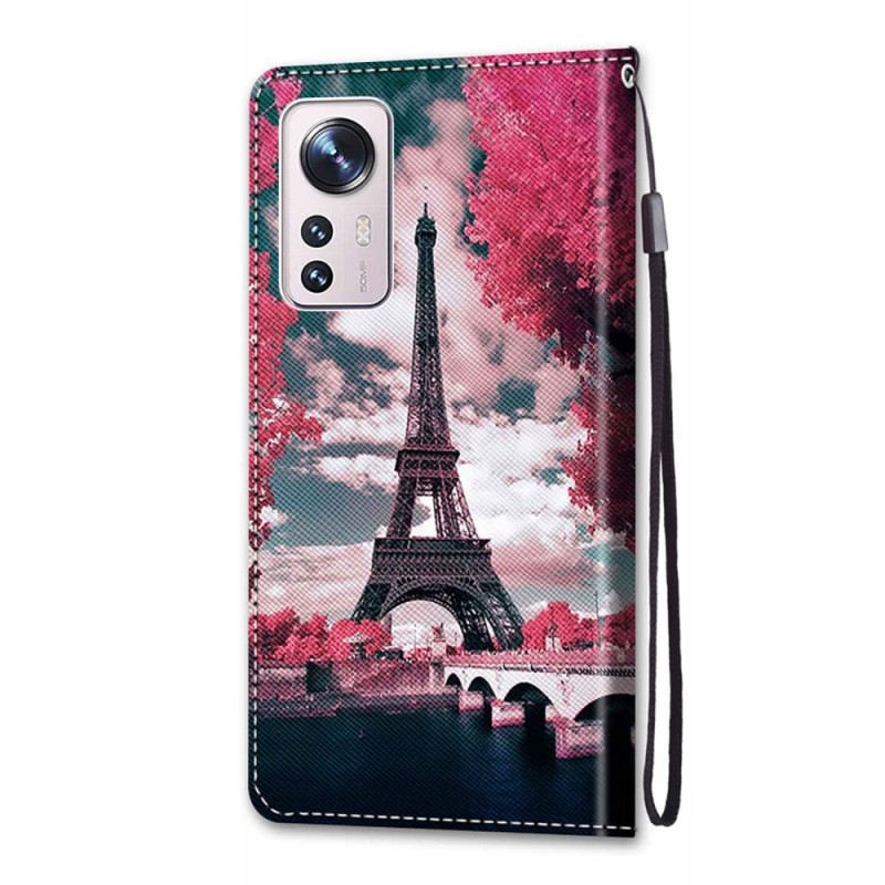 Fliptok / Bőrtok Xiaomi 12 / 12X szíjjal Eiffel-torony Szíjjal