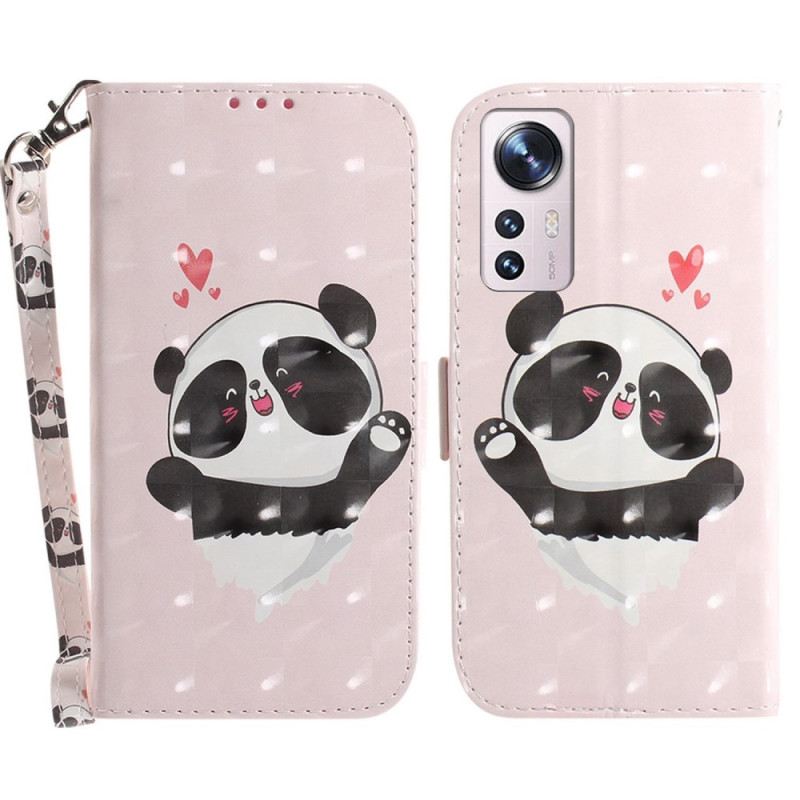 Fliptok Xiaomi 12 / 12X szíjjal Panda Love With Lanyard