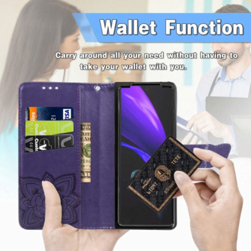 Fliptok / Bőrtok Samsung Galaxy Z Fold 3 5G Butterfly Design Zsinórral