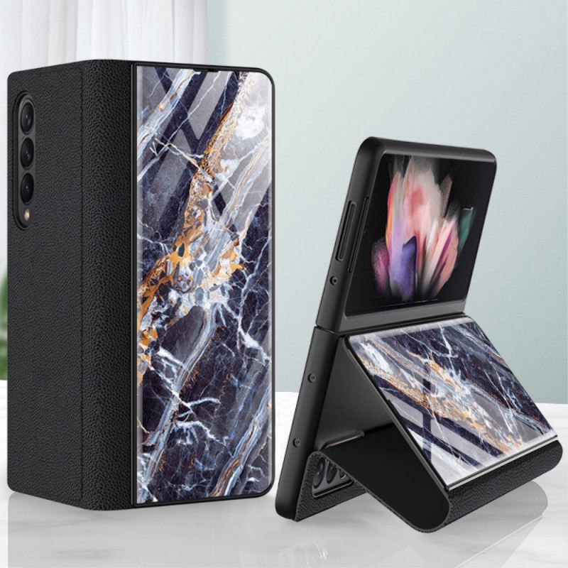 Fliptok Samsung Galaxy Z Fold 3 5G Bőrtok Márvány Hatású Edzett Üveg