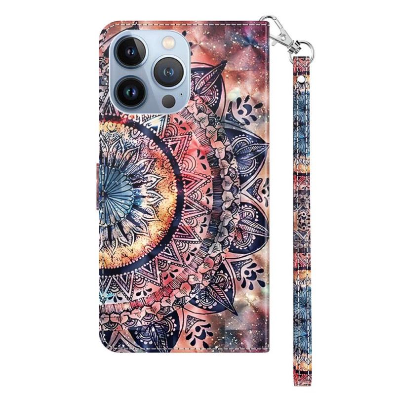 Fliptok / Bőrtok iPhone 14 Pro szíjjal Színes Pántos Mandala