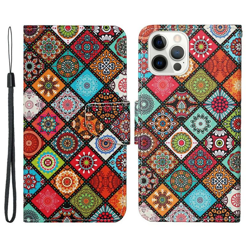 Kinyitható Tokok iPhone 13 Pro Patchwork Mandalák Zsinórral