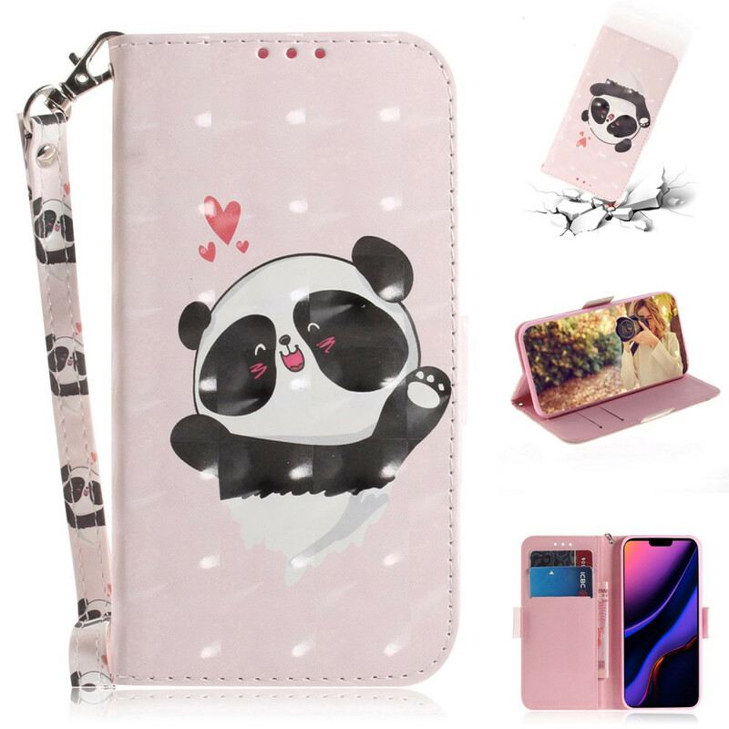 Fliptok / Bőrtok iPhone 11 szíjjal Panda Love With Lanyard