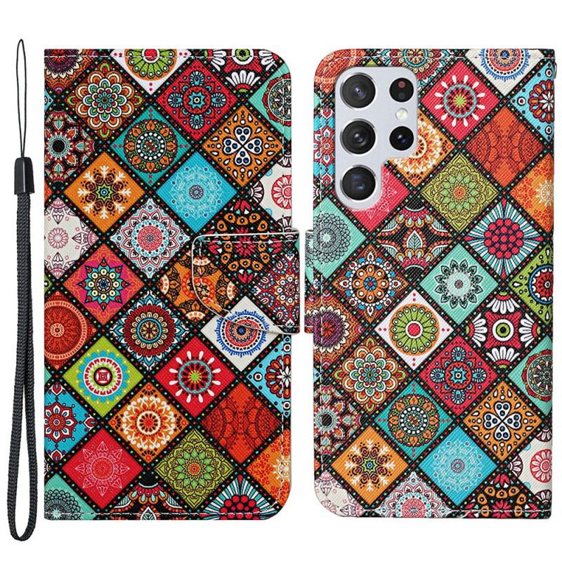 Fliptok / Bőrtok Samsung Galaxy S22 Ultra 5G Patchwork Mandalák Zsinórral