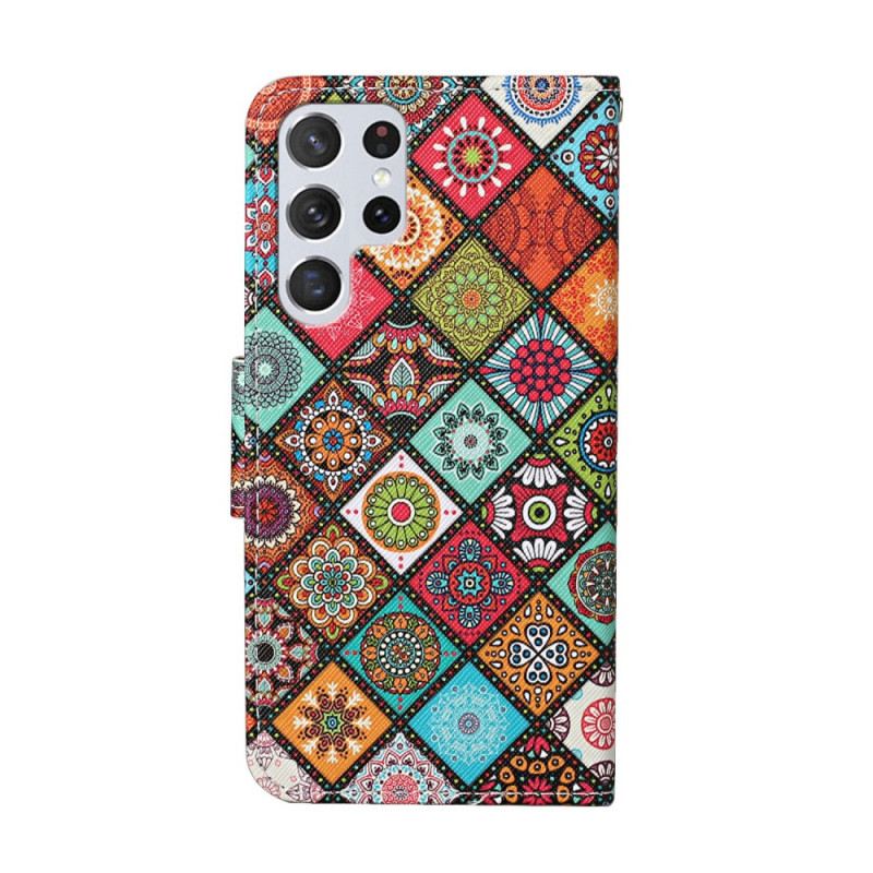 Fliptok / Bőrtok Samsung Galaxy S22 Ultra 5G Patchwork Mandalák Zsinórral