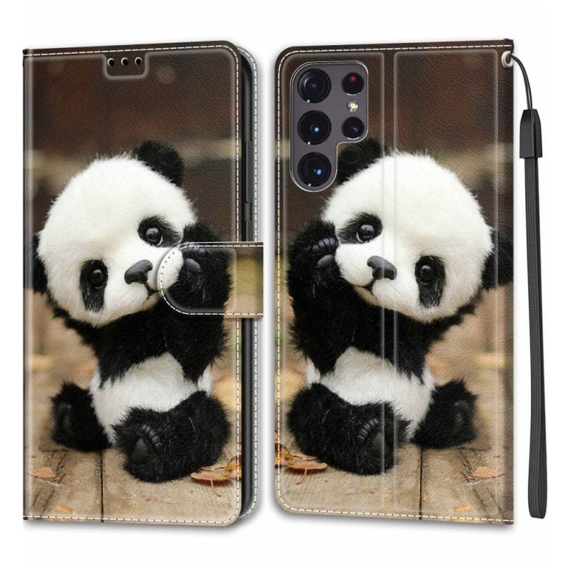 Fliptok / Bőrtok Samsung Galaxy S22 Ultra 5G szíjjal Játssz Little Panda With Strap