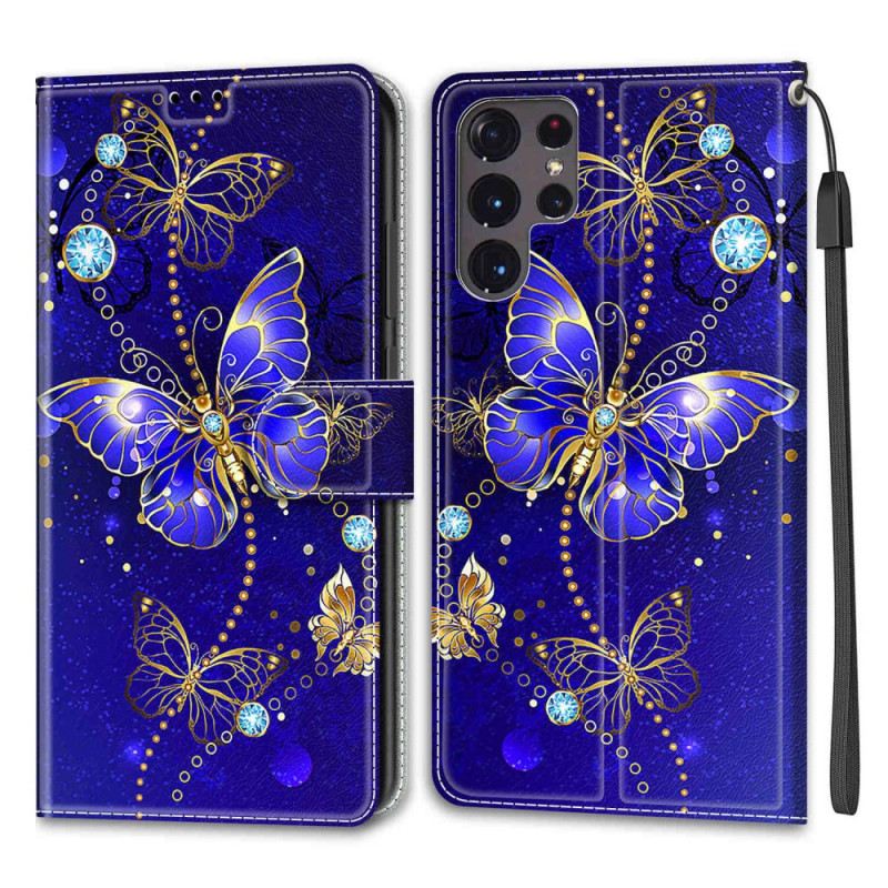 Fliptok / Bőrtok Samsung Galaxy S22 Ultra 5G szíjjal Strap Butterflies Fan