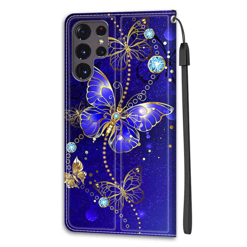 Fliptok / Bőrtok Samsung Galaxy S22 Ultra 5G szíjjal Strap Butterflies Fan