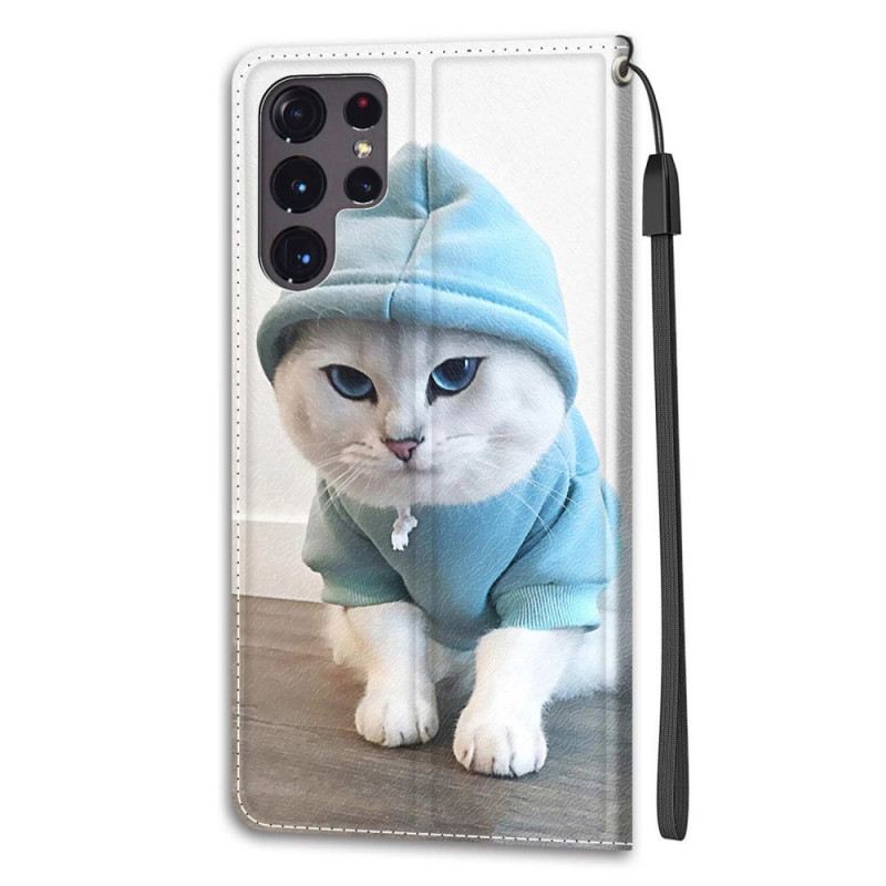 Fliptok / Bőrtok Samsung Galaxy S22 Ultra 5G szíjjal Tanga Cat Fan