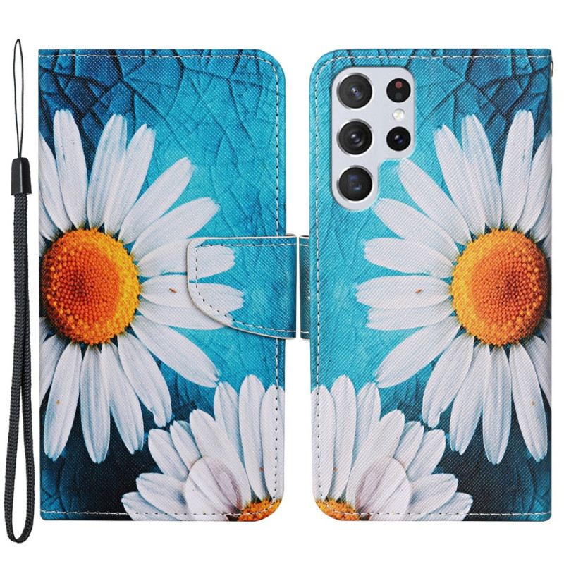 Fliptok / Bőrtok Samsung Galaxy S22 Ultra 5G szíjjal Thong Daisies