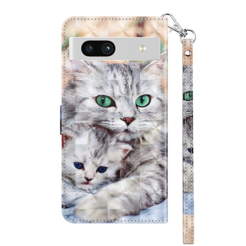 Fliptok / Bőrtok Google Pixel 7A szíjjal Strappy Cat Család